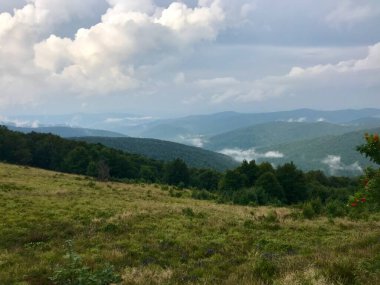 Bieszczady Dağları, uzaktaki patika manzarası, bitki örtüsüne yakın fırtına bulutu..