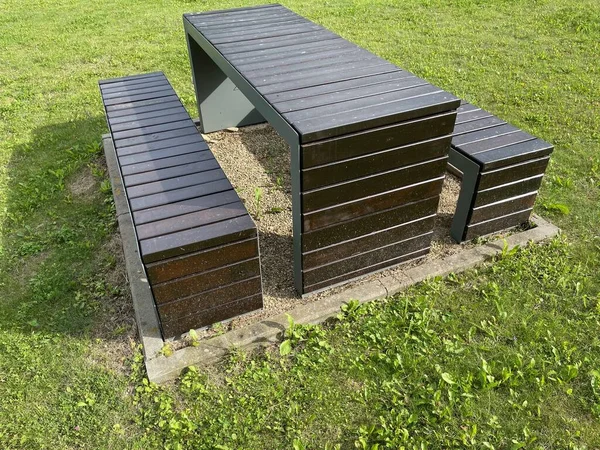 Parkta bankları olan ahşap bir piknik masası. Masa bir piknik için hazırlandı, kırmızı kareli masa örtüsü, tabaklar, bardaklar ve yiyecek. Masada oturan, konuşan ve gülen iki kişi var. Parktaki ağaçlar yeşil ve yemyeşil.