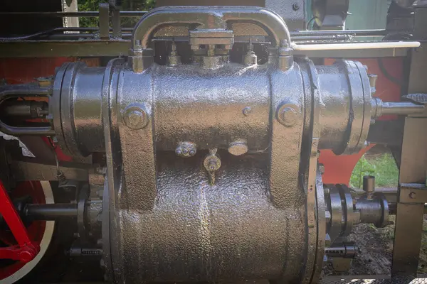 Siyah ve kırmızı saplı siyah bir tren motoru. Kapı kolu siyah boyayla kaplı. Motor eski ve paslı.