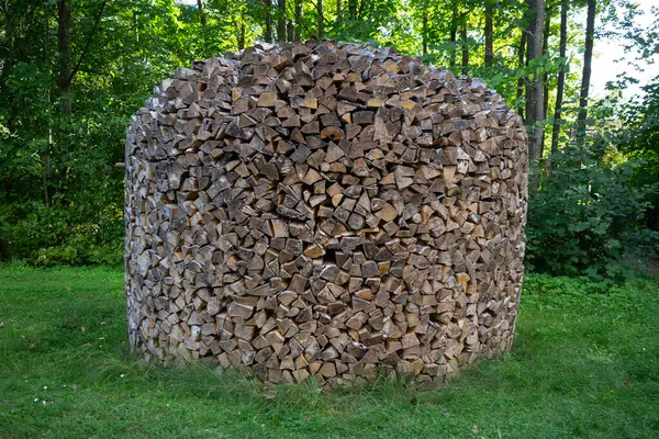 Büyük yuvarlak bir konteynırda bir odun yığını var. Ahşap üst üste yığılmış ve konteynır neredeyse dolu. Sahne, kaynak bolluğu ve bolluğudur.