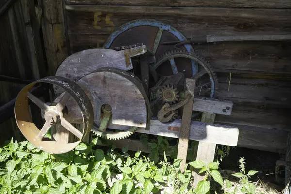 Yeşil teçhizatlı eski bir makine yabani otların arasında oturur. Makine paslanmış ve ahşap bir çerçevesi var. Sahne sessiz ve huzurlu, odak noktası sadece makine.