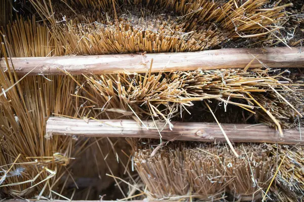 Üzerinde birkaç çubuk olan bir saman yığını. Kamış kahverengidir ve çubuklar ahşaptır