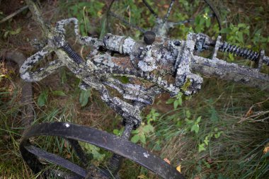 Eski, paslı, siyah tekerli ve gri saplı bir makine parçası. Tekerlek yosunla kaplı ve sapı da kir içinde. Sahne çürüme ve ihmalkarlıktır.