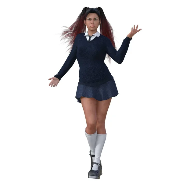 3D çizim, illüstrasyon, uzun kızıl saçlı genç cadı kız mavi üniformalı sihirli poz.