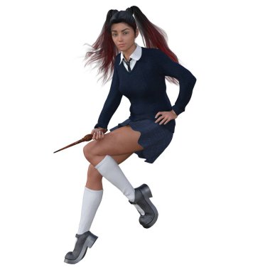 3D çizim, illüstrasyon, uzun kızıl saçlı genç cadı kız mavi üniformalı oturuyor, sihirli değnek