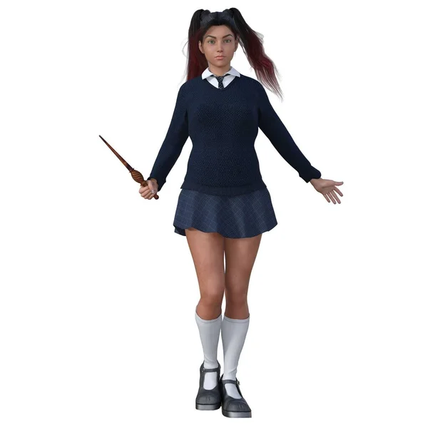 stock image 3D render, Illustration, teenage witch girl with long red hair blue school uniform standing, magic wand