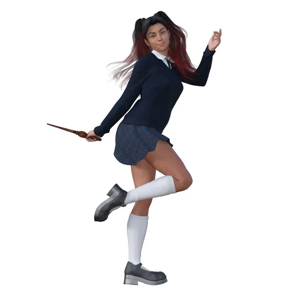 3D çizim, illüstrasyon, uzun kızıl saçlı genç cadı kız mavi üniformalı, dizlerinin üzerinde duran sihirli değnek.
