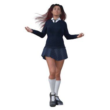 3D çizim, illüstrasyon, uzun kızıl saçlı genç cadı kız mavi okul üniforması dikilip yukarı bakıyor.