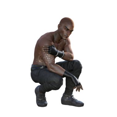 3D çizim, illüstrasyon, afrika, amerikan, siyah, adam, kaslar, tıraşlı kafa, kehribar gözler, siyah deri pantolon, siyah spor ayakkabı, üstsüz, altın dövmeli, eldiven, çömelmiş kafa.