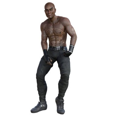 3D çizim, illüstrasyon, Afrikalı, Amerikan, siyah, erkek, kaslı, kafası kazınmış, kehribar gözlü, siyah deri pantolonlu, siyah spor ayakkabılı, üstsüz, altın dövmeli, eldivenli, oturan