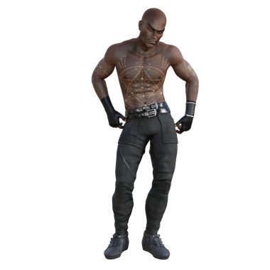 3D çizim, illüstrasyon, afrika, amerikan, siyah, adam, kaslar, traş olmuş kafa, kehribar gözler, siyah deri pantolon, siyah spor ayakkabı, üstsüz, altın dövmeli, eldivenli, ayakta duran el.