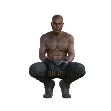 3D çizim, illüstrasyon, Afrikalı, Amerikalı, siyahi, erkek, kaslı, kafası tıraşlı, kehribar gözlü, siyah deri pantolonlu, siyah spor ayakkabılı, gömleksiz, altın dövmeli, eldivenli, çömelmiş