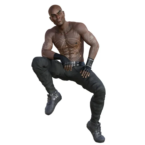 3Dレンダリング イラスト アフリカ系 アメリカ人 剃髪頭 琥珀色の目 黒革パンツ 黒スニーカー シャツのない 金の入れ墨 — ストック写真