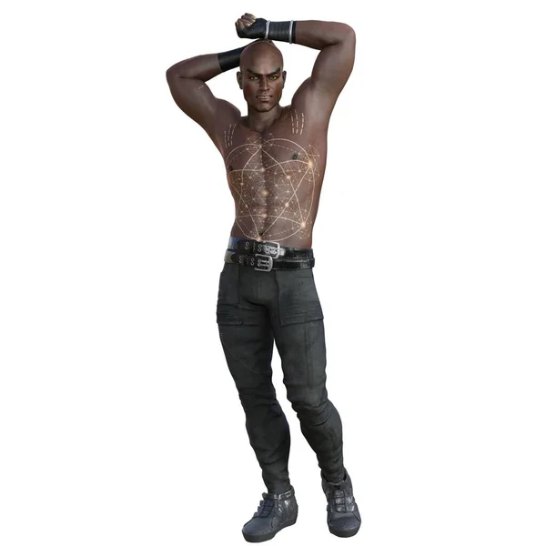 3Dレンダリング イラスト アフリカ アメリカ人 剃毛頭 琥珀色の目 黒革パンツ 黒スニーカー シャツのない 金の入れ墨 — ストック写真