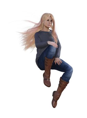 3D çizim, tasvir, rüzgârlı, sarışın kadın gri bluz, mavi kot pantolon, kahverengi çizme, ayakta