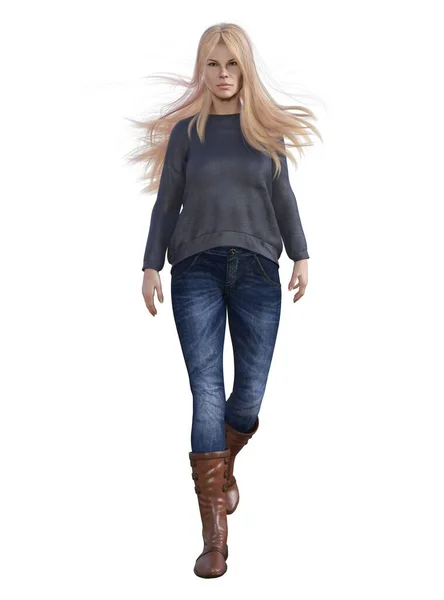 stock image 3D render, Illustration, windswept, blonde woman grey top, blue jeans, brown boots, crouching