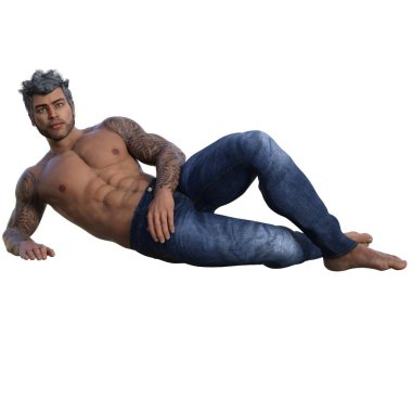 3D render, illustration, urban fantasy, tanned shirtless man in jeans.