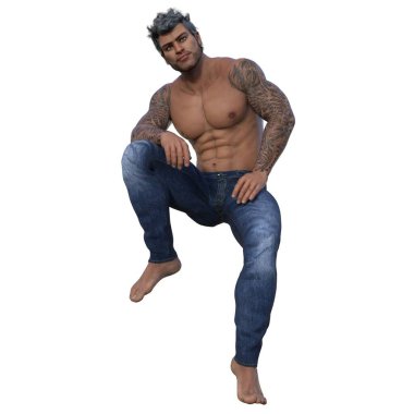 3D render, illustration, urban fantasy, tanned shirtless man in jeans.