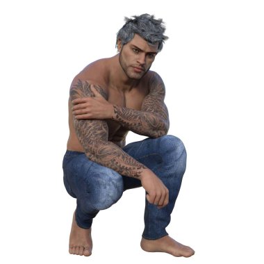 3D render, illustration, urban fantasy, tanned shirtless man in jeans.