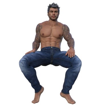 3D render, illustration, urban fantasy, tanned shirtless man in jeans.