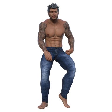 3D render, illustration, urban fantasy, tanned shirtless man in jeans.