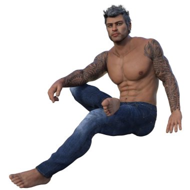 3D render, illustration, urban fantasy, tanned shirtless man in jeans.