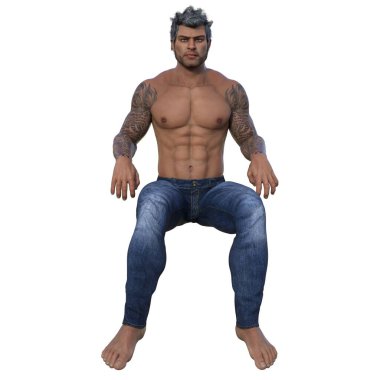 3D render, illustration, urban fantasy, tanned shirtless man in jeans.