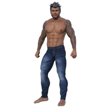 3D render, illustration, urban fantasy, tanned shirtless man in jeans.