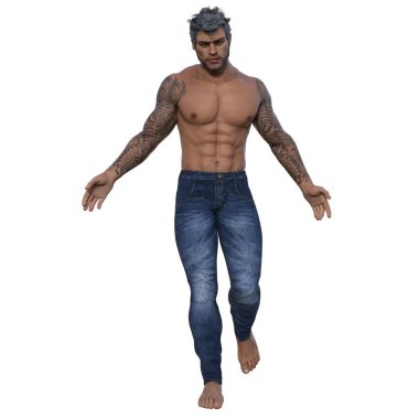 3D render, illustration, urban fantasy, tanned shirtless man in jeans.