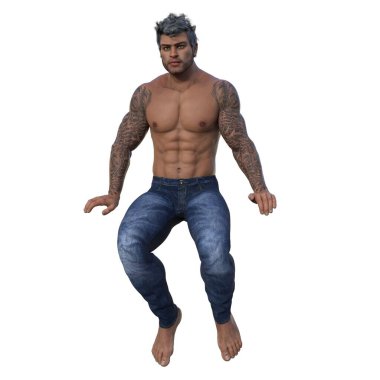 3D render, illustration, urban fantasy, tanned shirtless man in jeans.