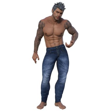3D render, illustration, urban fantasy, tanned shirtless man in jeans.