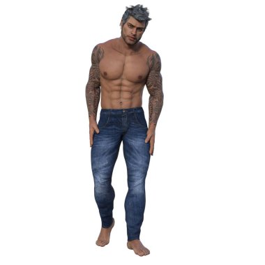 3D render, illustration, urban fantasy, tanned shirtless man in jeans.