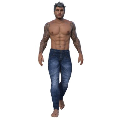 3D render, illustration, urban fantasy, tanned shirtless man in jeans.