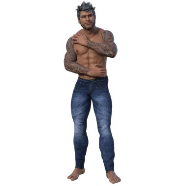 3D render, illustration, urban fantasy, tanned shirtless man in jeans.
