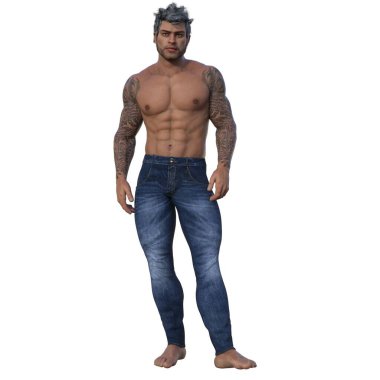 3D render, illustration, urban fantasy, tanned shirtless man in jeans.