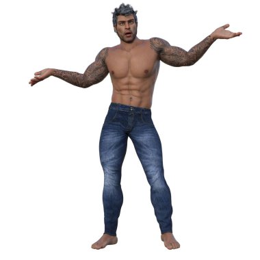 3D render, illustration, urban fantasy, tanned shirtless man in jeans.
