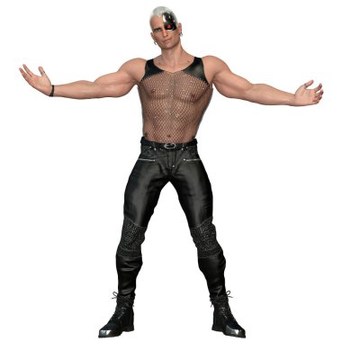 3D render, illustration, sci-fi fantasy, punk inspired well built AI man.
