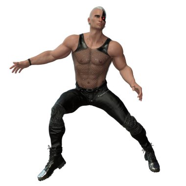 3D render, illustration, sci-fi fantasy, punk inspired well built AI man.