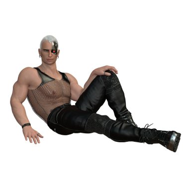 3D render, illustration, sci-fi fantasy, punk inspired well built AI man.