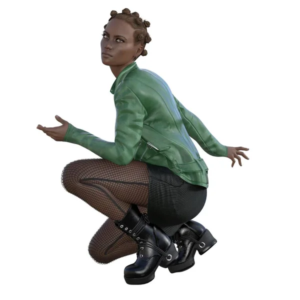 3D render, illustration, urban fantasy, African american woman.