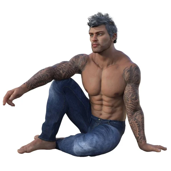 3D render, illustration, urban fantasy, tanned shirtless man in jeans.