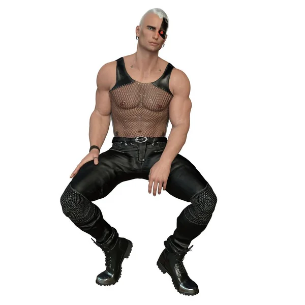 3D render, illustration, sci-fi fantasy, punk inspired well built AI man.