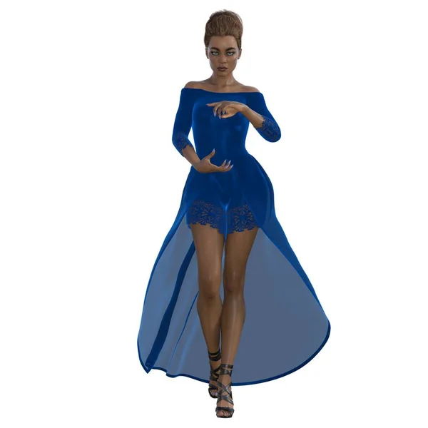 3D render, illustration, urban fantasy, African American woman in evening dress.