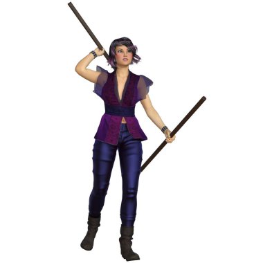 3 boyutlu çizim, illüstrasyon, genç bayan, Asyalı etkisi sopalarla ayakta duruyor