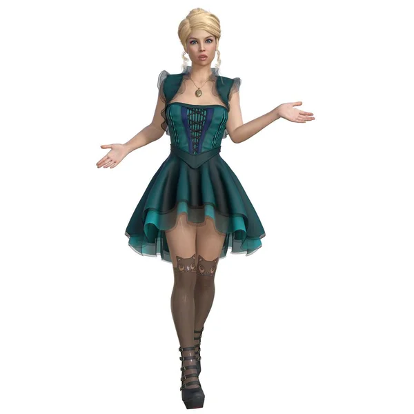 3 boyutlu tasvir, çizim, yeşil peri masalı kıyafetli sarışın kadın karakter.