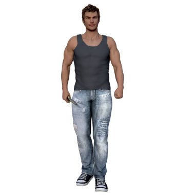 CG, 3D görüntüleme, resimleme, kot ve tank giyen beyaz erkek.