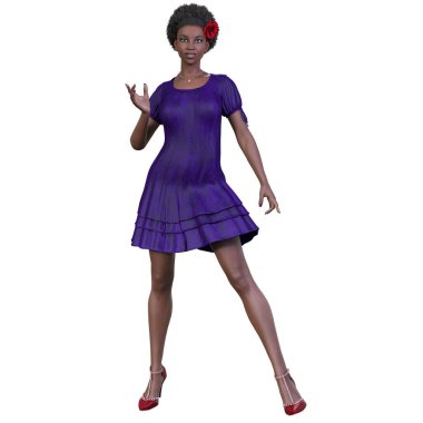 CG, 3D görüntü, illüstrasyon, mavi elbiseli Afro-Amerikan kadın, saçları kırmızı gül.