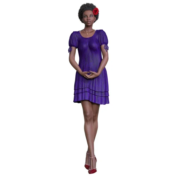 CG, 3D görüntü, illüstrasyon, mavi elbiseli Afro-Amerikan kadın, saçları kırmızı gül.