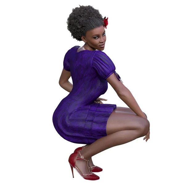 CG, 3D görüntü, illüstrasyon, mavi elbiseli Afro-Amerikan kadın, saçları kırmızı gül.