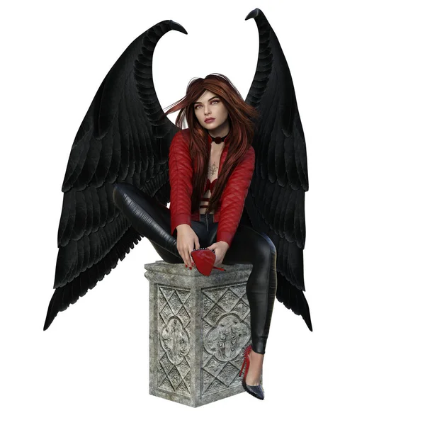 3 boyutlu tasvir, illüstrasyon, şeytani kanatları ve asası olan şehir fantazisi kadın.